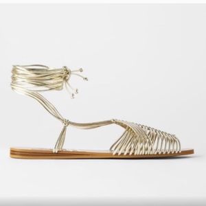 Zara Gold Lace up Flat Sandals